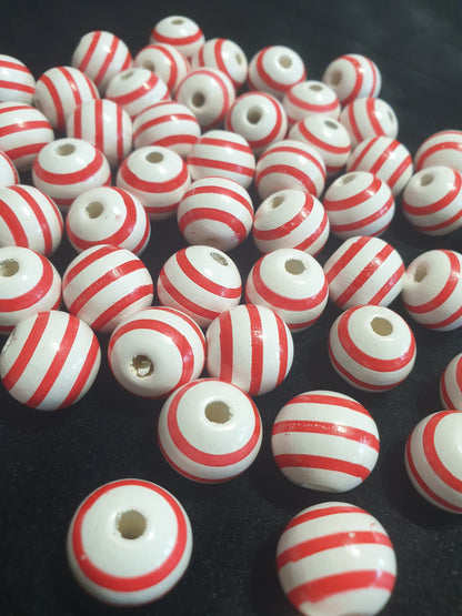 Round Striped red and white Valentine Beads, 16mm wooden beads