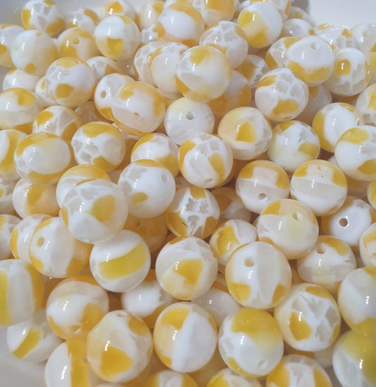 Round White with Yellow Jelly Chunk beads. 16mm. Unusual and beautiful for jewellery and beadable blanks.