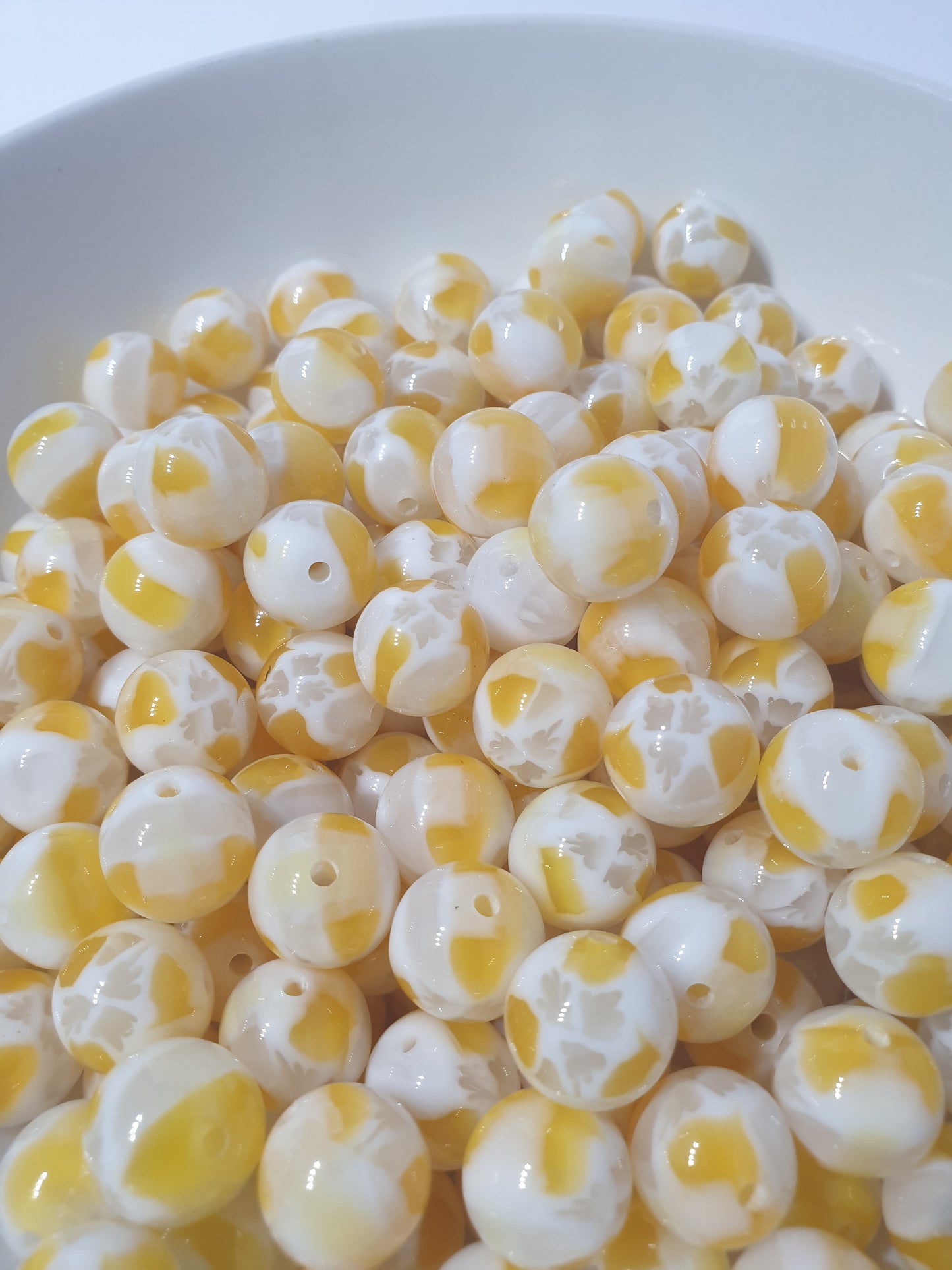 Round White with Yellow Jelly Chunk beads. 16mm. Unusual and beautiful for jewellery and beadable blanks.