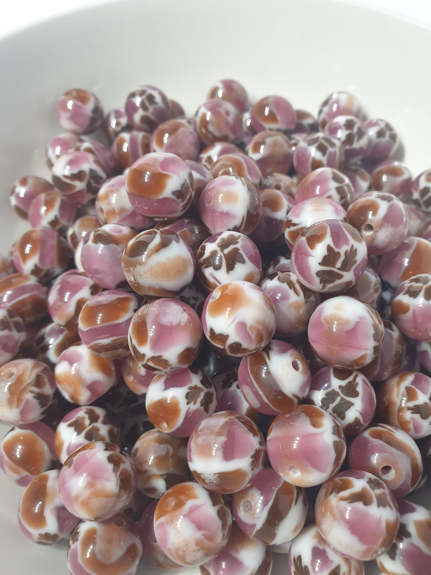 Round Brown with Pink Jelly Chunk beads. 16mm. Unusual and beautiful for jewellery and beadable blanks.