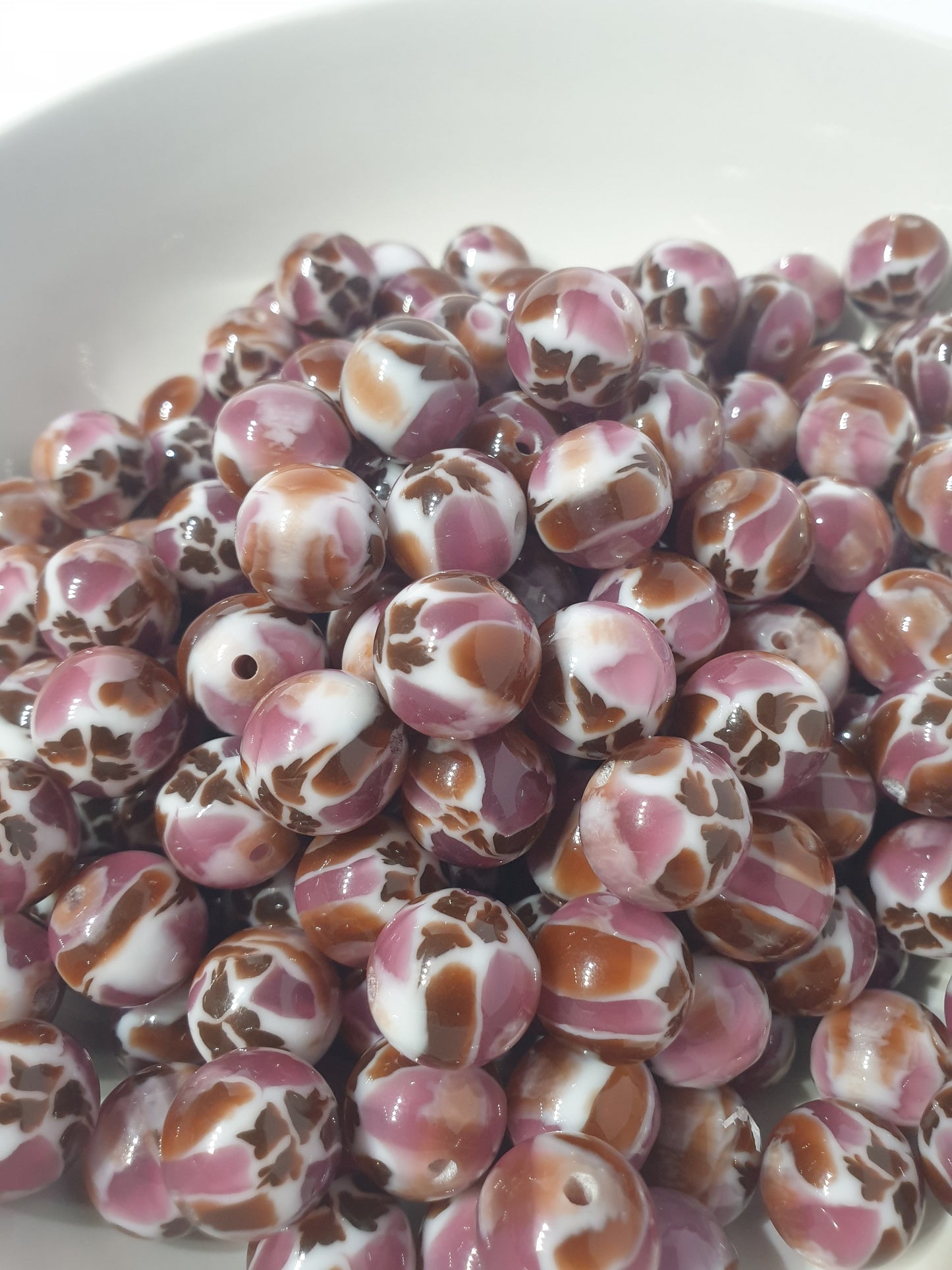 Round Brown with Pink Jelly Chunk beads. 16mm. Unusual and beautiful for jewellery and beadable blanks.