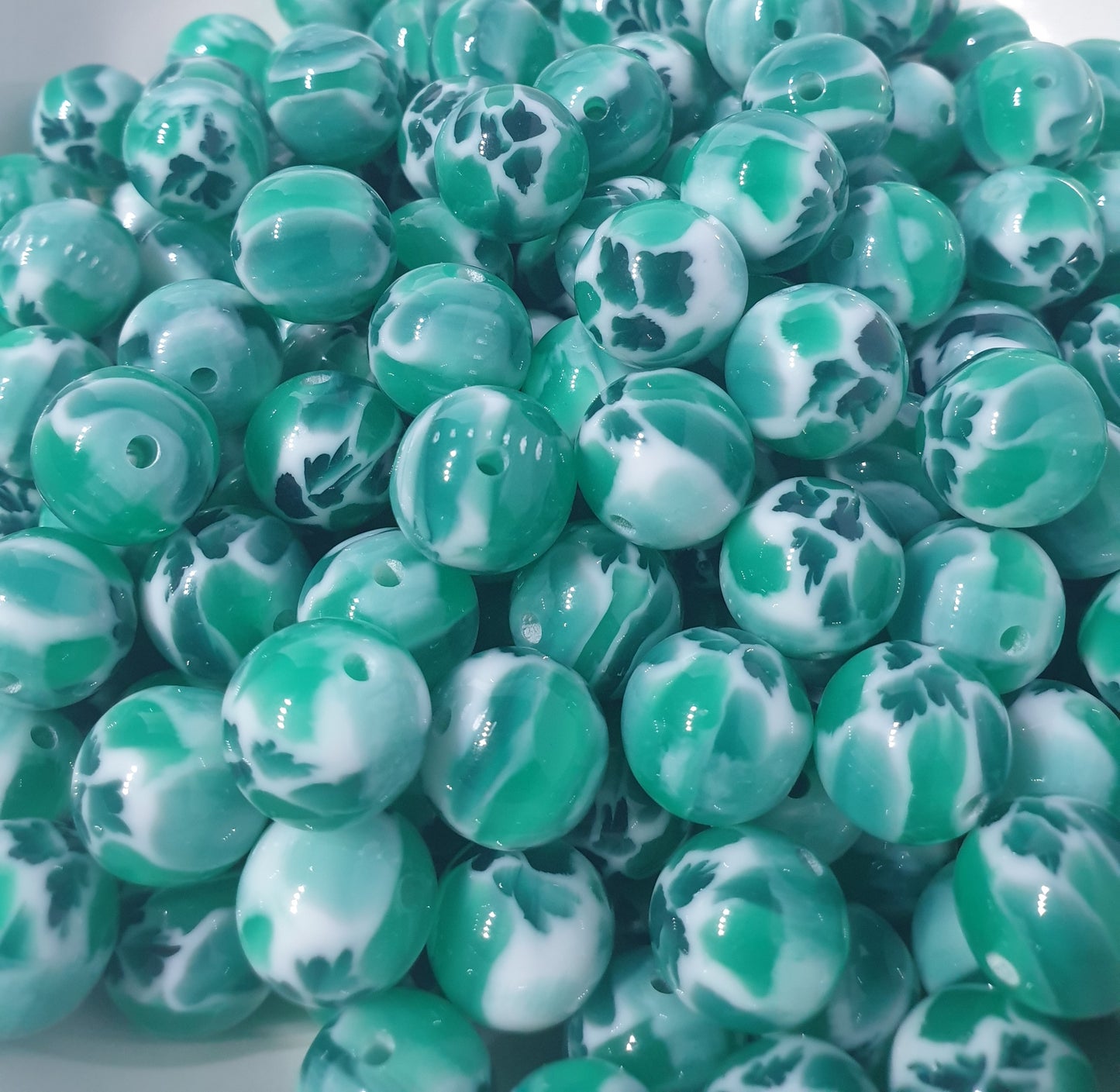 Round Green with Pink Jelly Chunk beads. 16mm. Unusual and beautiful for jewellery and beadable blanks.