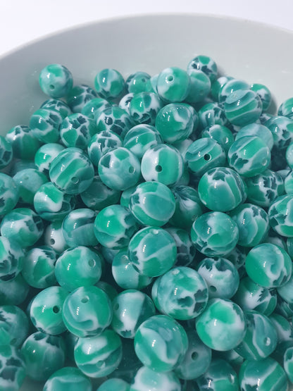 Round Green with Pink Jelly Chunk beads. 16mm. Unusual and beautiful for jewellery and beadable blanks.