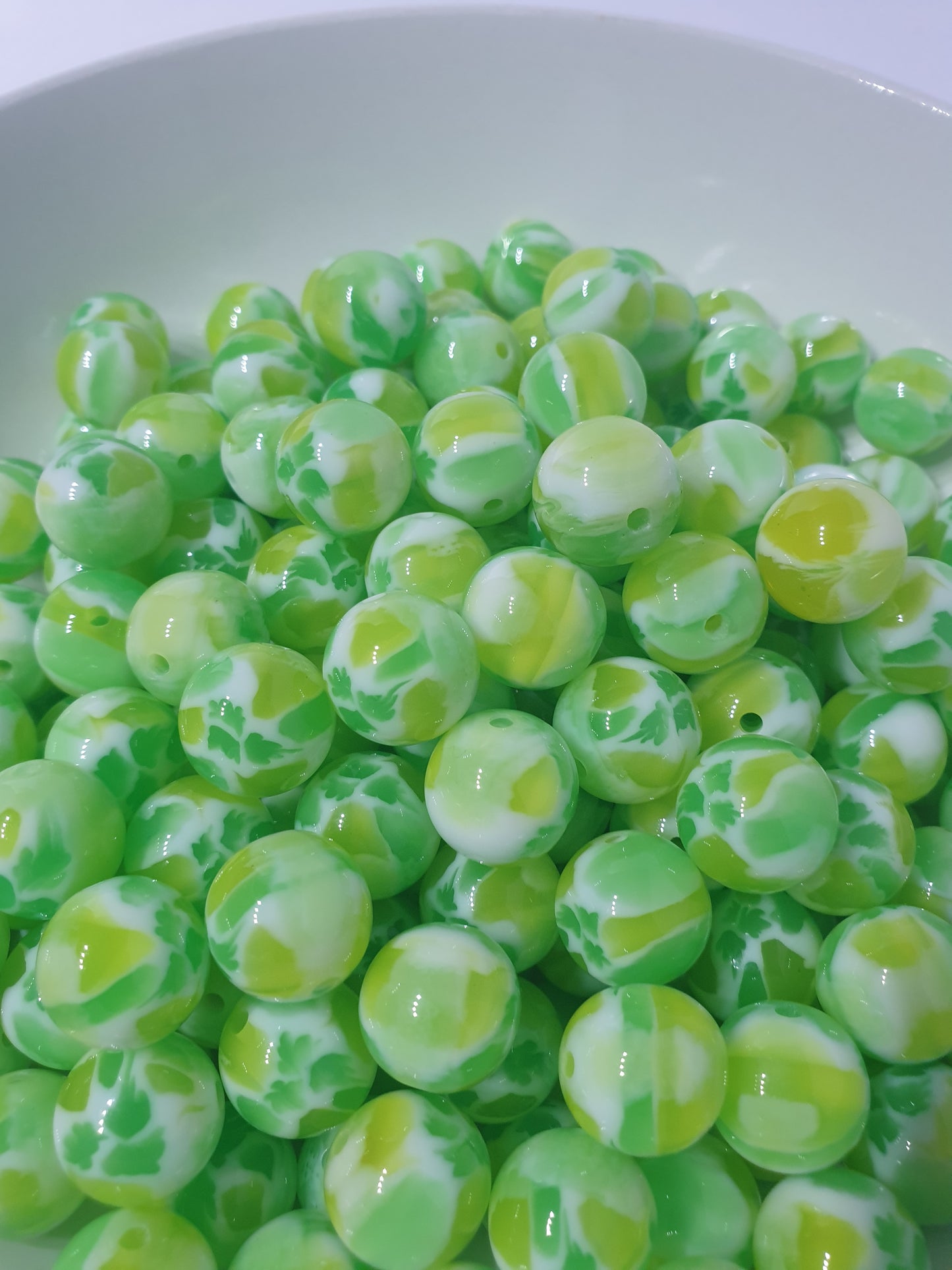 Round Lite Green Jelly Chunk beads. 16mm. Unusual and beautiful for jewellery and beadable blanks.