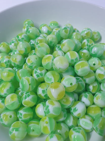 Round Lite Green Jelly Chunk beads. 16mm. Unusual and beautiful for jewellery and beadable blanks.