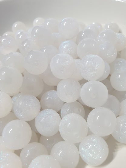 Round White Glitter beads. 16mm. Many colours in this collection. Perfect for your jewellery and beaded blanks.