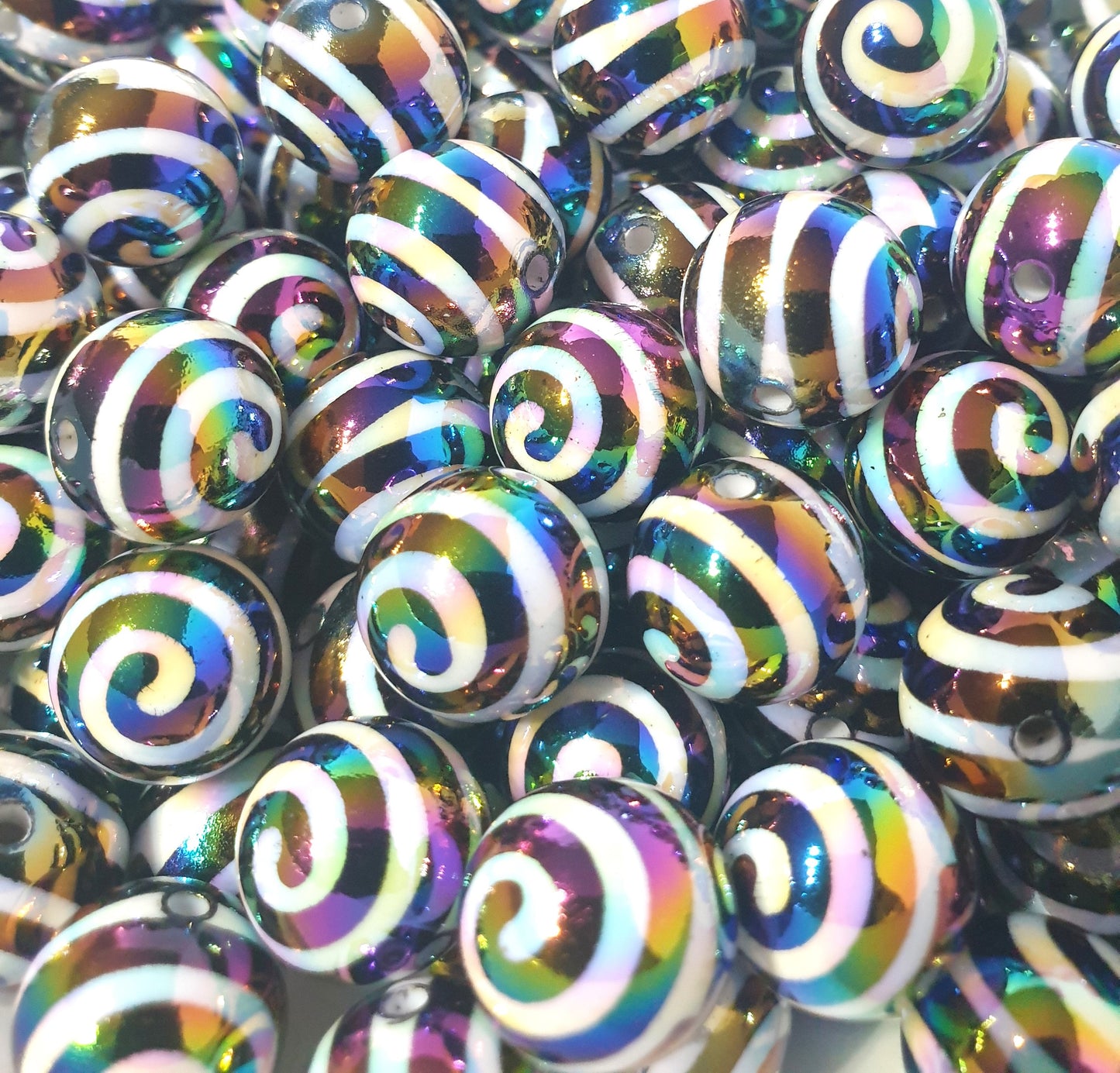 Round 16mm Black and White Swirl beads with UV rainbow finish. Ideal for jewellery and beadable blanks.