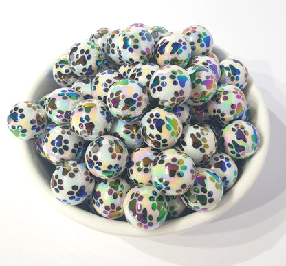 Round Animal Paw Print 16mm beads. With Rainbow UV shine. Perfect for jewellery and beaded blanks.