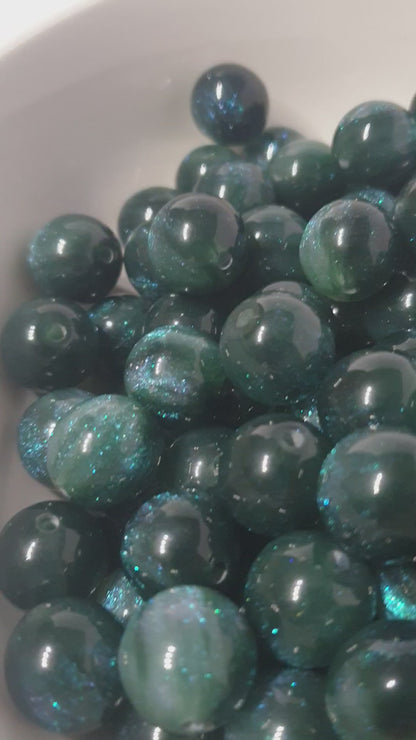 Round Dark Green Glitter beads. 16mm. Many colours in this collection. Perfect for your jewellery and beaded blanks.
