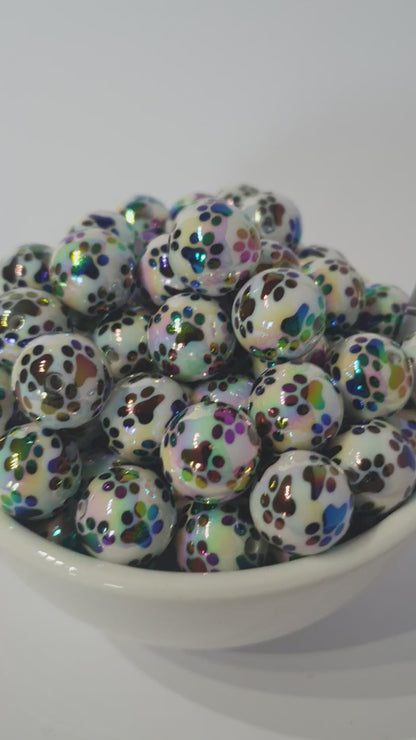 Round Animal Paw Print 16mm beads. With Rainbow UV shine. Perfect for jewellery and beaded blanks.